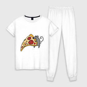 Женская пижама хлопок с принтом Кусочек пиццы парная в Новосибирске, 100% хлопок | брюки и футболка прямого кроя, без карманов, на брюках мягкая резинка на поясе и по низу штанин | Тематика изображения на принте: pizza | влюбленным | для влюбленных | для двоих | для пар | мышонок | пара | парные | пицца