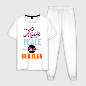 Мужская пижама хлопок с принтом Love peace the Beatles в Новосибирске, 100% хлопок | брюки и футболка прямого кроя, без карманов, на брюках мягкая резинка на поясе и по низу штанин
 | beatles | love peace the beatles | the beatles | бителс