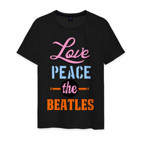 Мужская футболка хлопок с принтом Love peace the Beatles в Новосибирске, 100% хлопок | прямой крой, круглый вырез горловины, длина до линии бедер, слегка спущенное плечо. | beatles | love peace the beatles | the beatles | бителс