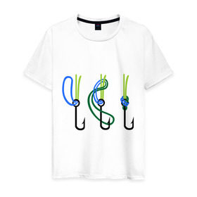 Мужская футболка хлопок с принтом Рыболовный узел в Новосибирске, 100% хлопок | прямой крой, круглый вырез горловины, длина до линии бедер, слегка спущенное плечо. | крючок | ноживка | рыбаку | рыбалка | рыболов | удочка