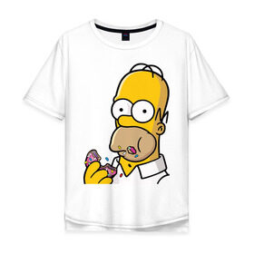 Мужская футболка хлопок Oversize с принтом Гомер с Пончиком в Новосибирске, 100% хлопок | свободный крой, круглый ворот, “спинка” длиннее передней части | homer simpsons | simpsons | гомер симпсон | для влюбленных | для двоих | для пар | парные | симпсоны