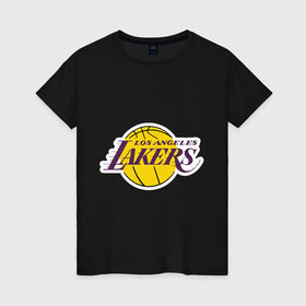 Женская футболка хлопок с принтом LA Lakers в Новосибирске, 100% хлопок | прямой крой, круглый вырез горловины, длина до линии бедер, слегка спущенное плечо | basketball | lakers | media | nba | toplanding | баскетболл | лейкерс | лого баскетбольных клубов | лос анджелес | нба