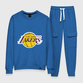 Женский костюм хлопок с принтом LA Lakers в Новосибирске, 100% хлопок | на свитшоте круглая горловина, мягкая резинка по низу. Брюки заужены к низу, на них два вида карманов: два 