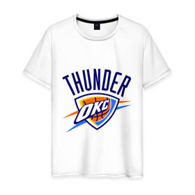 Мужская футболка хлопок с принтом Thunder в Новосибирске, 100% хлопок | прямой крой, круглый вырез горловины, длина до линии бедер, слегка спущенное плечо. | basketball | nba | баскетболл | лого баскетбольных клубов | нба