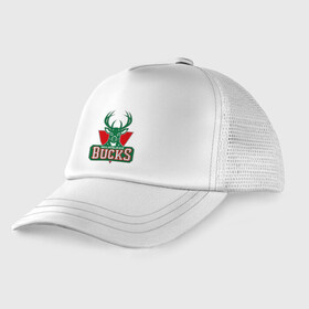 Детская кепка тракер с принтом Milwaukee Bucks - logo в Новосибирске, Козырек - 100% хлопок. Кепка - 100% полиэстер, Задняя часть - сетка | универсальный размер, пластиковая застёжка | basketball | nba | баскетболл | лого баскетбольных клубов | нба