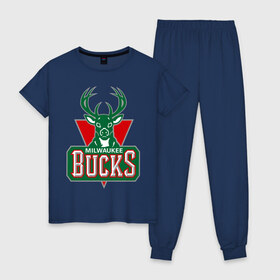 Женская пижама хлопок с принтом Milwaukee Bucks - logo в Новосибирске, 100% хлопок | брюки и футболка прямого кроя, без карманов, на брюках мягкая резинка на поясе и по низу штанин | basketball | nba | баскетболл | лого баскетбольных клубов | нба