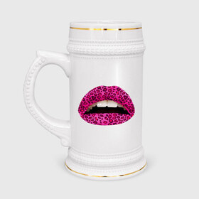 Кружка пивная с принтом Pink leopard lips в Новосибирске,  керамика (Материал выдерживает высокую температуру, стоит избегать резкого перепада температур) |  объем 630 мл | Тематика изображения на принте: lips | губы | леопард | помада | поцелуй