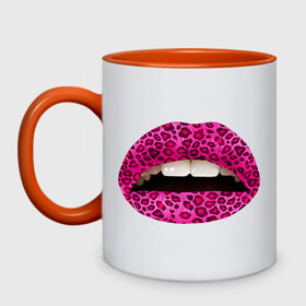 Кружка двухцветная с принтом Pink leopard lips в Новосибирске, керамика | объем — 330 мл, диаметр — 80 мм. Цветная ручка и кайма сверху, в некоторых цветах — вся внутренняя часть | Тематика изображения на принте: lips | губы | леопард | помада | поцелуй