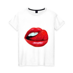 Женская футболка хлопок с принтом Губы с клубникой в Новосибирске, 100% хлопок | прямой крой, круглый вырез горловины, длина до линии бедер, слегка спущенное плечо | lips | виктория | губы | клубника | красная помада | поцелуй | ягода | язык