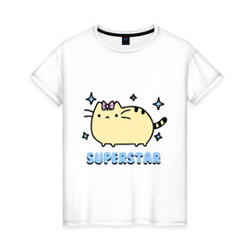 Женская футболка хлопок с принтом Superstar cat в Новосибирске, 100% хлопок | прямой крой, круглый вырез горловины, длина до линии бедер, слегка спущенное плечо | super star | девушкам | для девушек | животные | кот | кошка | мило | супер звезда | суперзвезда