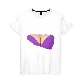 Женская футболка хлопок с принтом Фиолетовый бюстгалтер в Новосибирске, 100% хлопок | прямой крой, круглый вырез горловины, длина до линии бедер, слегка спущенное плечо | бюстгалтер | грудь | женское тело | лифчик | тело | части тела
