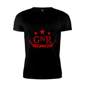 Мужская футболка премиум с принтом GNR red в Новосибирске, 92% хлопок, 8% лайкра | приталенный силуэт, круглый вырез ворота, длина до линии бедра, короткий рукав | guns and roses | guns n roses | rock | ганс н роуз | музыка | рок