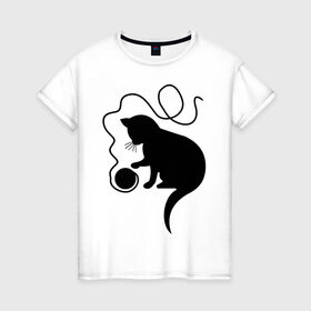 Женская футболка хлопок с принтом Котенок с клубком в Новосибирске, 100% хлопок | прямой крой, круглый вырез горловины, длина до линии бедер, слегка спущенное плечо | клубок ниток и кот | кот с нитками | котенок с клубком | кошка | кошка с нитками | нитки