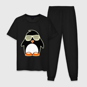 Мужская пижама хлопок с принтом Пингвин в очках-жалюзи glow в Новосибирске, 100% хлопок | брюки и футболка прямого кроя, без карманов, на брюках мягкая резинка на поясе и по низу штанин
 | пингвин