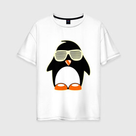 Женская футболка хлопок Oversize с принтом Пингвин в очках-жалюзи glow в Новосибирске, 100% хлопок | свободный крой, круглый ворот, спущенный рукав, длина до линии бедер
 | пингвин