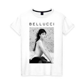 Женская футболка хлопок с принтом Bellucci romantic в Новосибирске, 100% хлопок | прямой крой, круглый вырез горловины, длина до линии бедер, слегка спущенное плечо | bellucci | monica belucci | беллуччи | беллуччи на кровати | моника беллуччи | обнаженная belucci