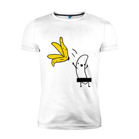 Мужская футболка премиум с принтом Банан стриптизер в Новосибирске, 92% хлопок, 8% лайкра | приталенный силуэт, круглый вырез ворота, длина до линии бедра, короткий рукав | кожура | одежда | прикольная картинка | раздеваться | фрукт | юмор