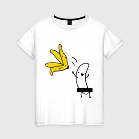 Женская футболка хлопок с принтом Банан стриптизер в Новосибирске, 100% хлопок | прямой крой, круглый вырез горловины, длина до линии бедер, слегка спущенное плечо | Тематика изображения на принте: кожура | одежда | прикольная картинка | раздеваться | фрукт | юмор