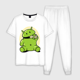 Мужская пижама хлопок с принтом Андроид кушает батарейку в Новосибирске, 100% хлопок | брюки и футболка прямого кроя, без карманов, на брюках мягкая резинка на поясе и по низу штанин
 | adnroid | андроид | андроид кушает батарейку | андройд