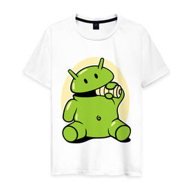 Мужская футболка хлопок с принтом Андроид кушает батарейку в Новосибирске, 100% хлопок | прямой крой, круглый вырез горловины, длина до линии бедер, слегка спущенное плечо. | adnroid | андроид | андроид кушает батарейку | андройд