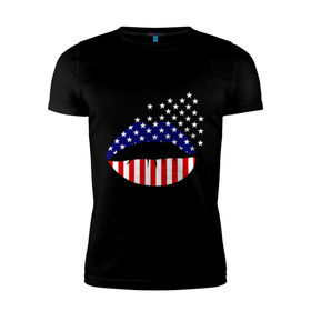 Мужская футболка премиум с принтом Американские губы в Новосибирске, 92% хлопок, 8% лайкра | приталенный силуэт, круглый вырез ворота, длина до линии бедра, короткий рукав | Тематика изображения на принте: американский флаг | губы | флаг америки | флаг сша