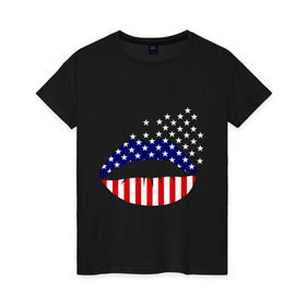 Женская футболка хлопок с принтом Американские губы в Новосибирске, 100% хлопок | прямой крой, круглый вырез горловины, длина до линии бедер, слегка спущенное плечо | Тематика изображения на принте: американский флаг | губы | флаг америки | флаг сша