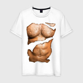Мужская футболка хлопок с принтом Мужской пресс в Новосибирске, 100% хлопок | прямой крой, круглый вырез горловины, длина до линии бедер, слегка спущенное плечо. | body | волосатая грудь | волосатое тело | мужское тело | тело | торс
