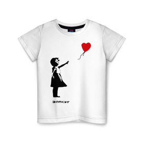 Детская футболка хлопок с принтом Девочка с шариком-сердечком в Новосибирске, 100% хлопок | круглый вырез горловины, полуприлегающий силуэт, длина до линии бедер | banksy | бенкси | бэнкси | графити | граффити | девочка с сердечком | девочка с шариком | девочка с шариком сердечком | стрит арт | стритарт