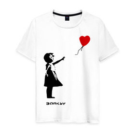 Мужская футболка хлопок с принтом Девочка с шариком-сердечком в Новосибирске, 100% хлопок | прямой крой, круглый вырез горловины, длина до линии бедер, слегка спущенное плечо. | banksy | бенкси | бэнкси | графити | граффити | девочка с сердечком | девочка с шариком | девочка с шариком сердечком | стрит арт | стритарт