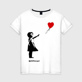 Женская футболка хлопок с принтом Девочка с шариком-сердечком в Новосибирске, 100% хлопок | прямой крой, круглый вырез горловины, длина до линии бедер, слегка спущенное плечо | banksy | бенкси | бэнкси | графити | граффити | девочка с сердечком | девочка с шариком | девочка с шариком сердечком | стрит арт | стритарт