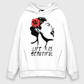 Мужское худи Oversize хлопок с принтом Life is beautiful в Новосибирске, френч-терри — 70% хлопок, 30% полиэстер. Мягкий теплый начес внутри —100% хлопок | боковые карманы, эластичные манжеты и нижняя кромка, капюшон на магнитной кнопке | Тематика изображения на принте: banksy | бенкси | бэнкси | графити | граффити | жизнь прекрасна | стрит арт | стритарт