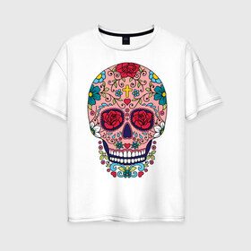 Женская футболка хлопок Oversize с принтом Oldschool skull в Новосибирске, 100% хлопок | свободный крой, круглый ворот, спущенный рукав, длина до линии бедер
 | oldschool | skull | олд скул | олдскул | цветочный орнамент | цветы | череп | черепа