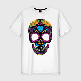 Мужская футболка премиум с принтом Skull mexica в Новосибирске, 92% хлопок, 8% лайкра | приталенный силуэт, круглый вырез ворота, длина до линии бедра, короткий рукав | Тематика изображения на принте: skull | мексика | мексиканский череп | череп | черепа