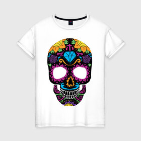 Женская футболка хлопок с принтом Skull mexica в Новосибирске, 100% хлопок | прямой крой, круглый вырез горловины, длина до линии бедер, слегка спущенное плечо | skull | мексика | мексиканский череп | череп | черепа