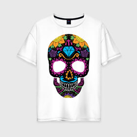 Женская футболка хлопок Oversize с принтом Skull mexica в Новосибирске, 100% хлопок | свободный крой, круглый ворот, спущенный рукав, длина до линии бедер
 | skull | мексика | мексиканский череп | череп | черепа