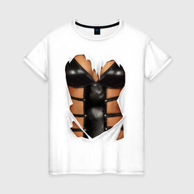 Женская футболка хлопок с принтом Leather underwear в Новосибирске, 100% хлопок | прямой крой, круглый вырез горловины, длина до линии бедер, слегка спущенное плечо | woman body | белье | грудь | женское тело | нижнее белье | подарок жене | тело