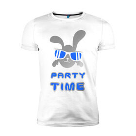 Мужская футболка премиум с принтом It `s party time в Новосибирске, 92% хлопок, 8% лайкра | приталенный силуэт, круглый вырез ворота, длина до линии бедра, короткий рукав | Тематика изображения на принте: вечеринка | зайчик | заяц | клубные | очки | тусовка