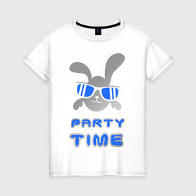 Женская футболка хлопок с принтом It `s party time в Новосибирске, 100% хлопок | прямой крой, круглый вырез горловины, длина до линии бедер, слегка спущенное плечо | вечеринка | зайчик | заяц | клубные | очки | тусовка