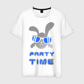 Мужская футболка хлопок с принтом It\`s party time в Новосибирске, 100% хлопок | прямой крой, круглый вырез горловины, длина до линии бедер, слегка спущенное плечо. | Тематика изображения на принте: вечеринка | зайчик | заяц | клубные | очки | тусовка