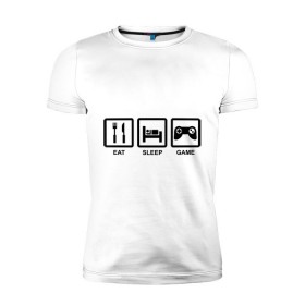 Мужская футболка премиум с принтом Eat sleep game в Новосибирске, 92% хлопок, 8% лайкра | приталенный силуэт, круглый вырез ворота, длина до линии бедра, короткий рукав | Тематика изображения на принте: джойстик | еда | есть | играть | компьютерные игры | постель | спать