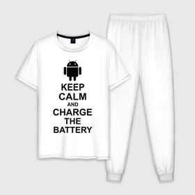 Мужская пижама хлопок с принтом Keep calm and charge the battery (android) в Новосибирске, 100% хлопок | брюки и футболка прямого кроя, без карманов, на брюках мягкая резинка на поясе и по низу штанин
 | 