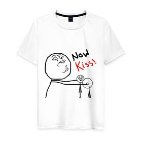Мужская футболка хлопок с принтом Now kiss в Новосибирске, 100% хлопок | прямой крой, круглый вырез горловины, длина до линии бедер, слегка спущенное плечо. | Тематика изображения на принте: now kiss | ololo | мемы | не целоваться | тролл фэйс | тролли | троллинг