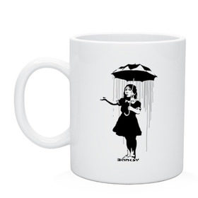 Кружка с принтом Girl in rain (Banksy) в Новосибирске, керамика | объем — 330 мл, диаметр — 80 мм. Принт наносится на бока кружки, можно сделать два разных изображения | Тематика изображения на принте: бэнкси | граффити | девочка | дождь | зонт