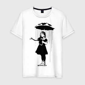 Мужская футболка хлопок с принтом Girl in rain (Banksy) в Новосибирске, 100% хлопок | прямой крой, круглый вырез горловины, длина до линии бедер, слегка спущенное плечо. | бэнкси | граффити | девочка | дождь | зонт