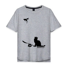 Мужская футболка хлопок Oversize с принтом Cat and supermouse (Banksy) в Новосибирске, 100% хлопок | свободный крой, круглый ворот, “спинка” длиннее передней части | бэнкси | граффити | киса | кот | котенок | котэ | кошка | мышка | супермышка