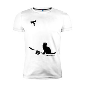 Мужская футболка премиум с принтом Cat and supermouse (Banksy) в Новосибирске, 92% хлопок, 8% лайкра | приталенный силуэт, круглый вырез ворота, длина до линии бедра, короткий рукав | Тематика изображения на принте: бэнкси | граффити | киса | кот | котенок | котэ | кошка | мышка | супермышка