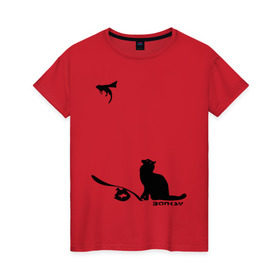Женская футболка хлопок с принтом Cat and supermouse (Banksy) в Новосибирске, 100% хлопок | прямой крой, круглый вырез горловины, длина до линии бедер, слегка спущенное плечо | бэнкси | граффити | киса | кот | котенок | котэ | кошка | мышка | супермышка