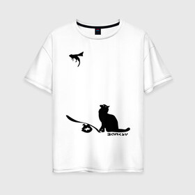 Женская футболка хлопок Oversize с принтом Cat and supermouse (Banksy) в Новосибирске, 100% хлопок | свободный крой, круглый ворот, спущенный рукав, длина до линии бедер
 | бэнкси | граффити | киса | кот | котенок | котэ | кошка | мышка | супермышка