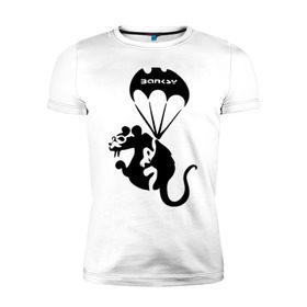 Мужская футболка премиум с принтом Rat with parachute (Banksy) в Новосибирске, 92% хлопок, 8% лайкра | приталенный силуэт, круглый вырез ворота, длина до линии бедра, короткий рукав | бэнкси | граффити | грызун | животные | хомяк с парашютом