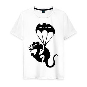 Мужская футболка хлопок с принтом Rat with parachute (Banksy) в Новосибирске, 100% хлопок | прямой крой, круглый вырез горловины, длина до линии бедер, слегка спущенное плечо. | бэнкси | граффити | грызун | животные | хомяк с парашютом